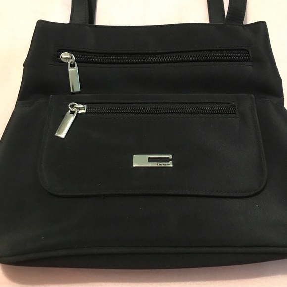 Chenson Black Shoulder Bag Zipper & Velcro Compartments Silver Hardware - Picture 2 of 11